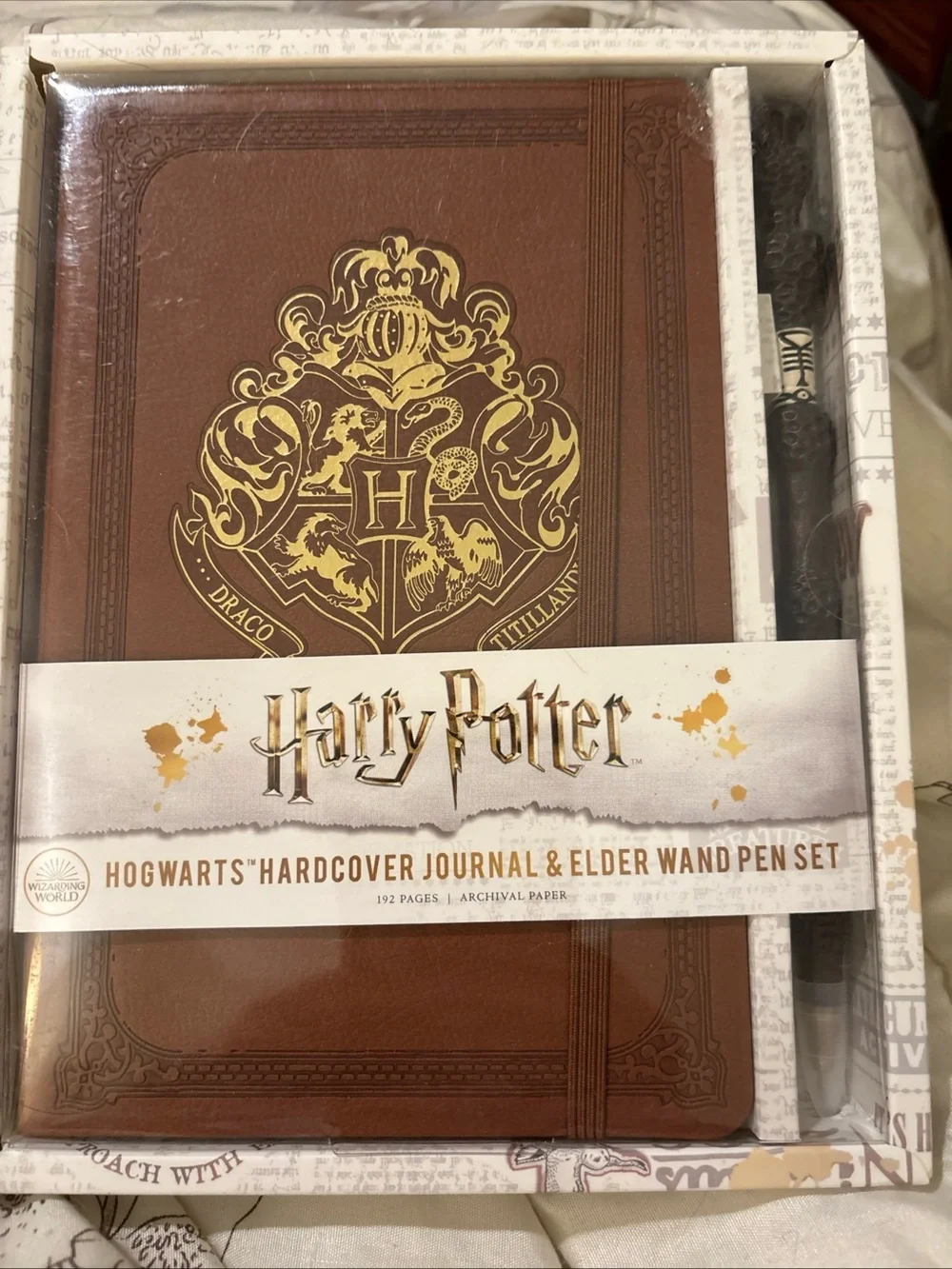 Harry Potter Hogwarts Hardcover Journal & Elder Wand Pen Set - Brown & Gold